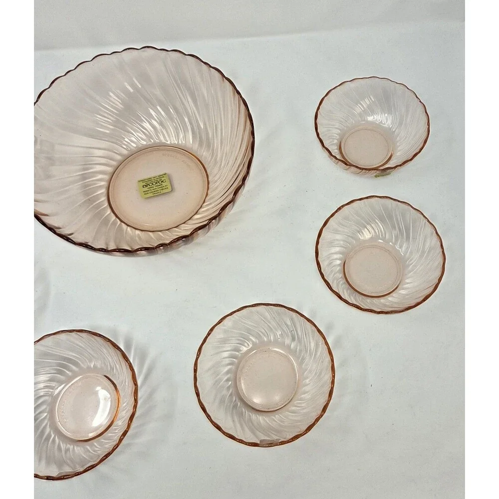 Arcoroc France Rosaline Pink Swirl Glass‎ Salad Bowl Set 7 Pc Vintage 1970s